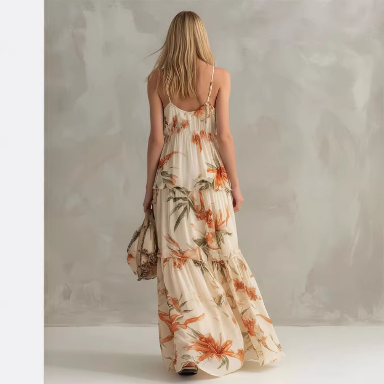 Retro Floral Print Ruffle V-Neck Chiffon Long Dress in Off-White
