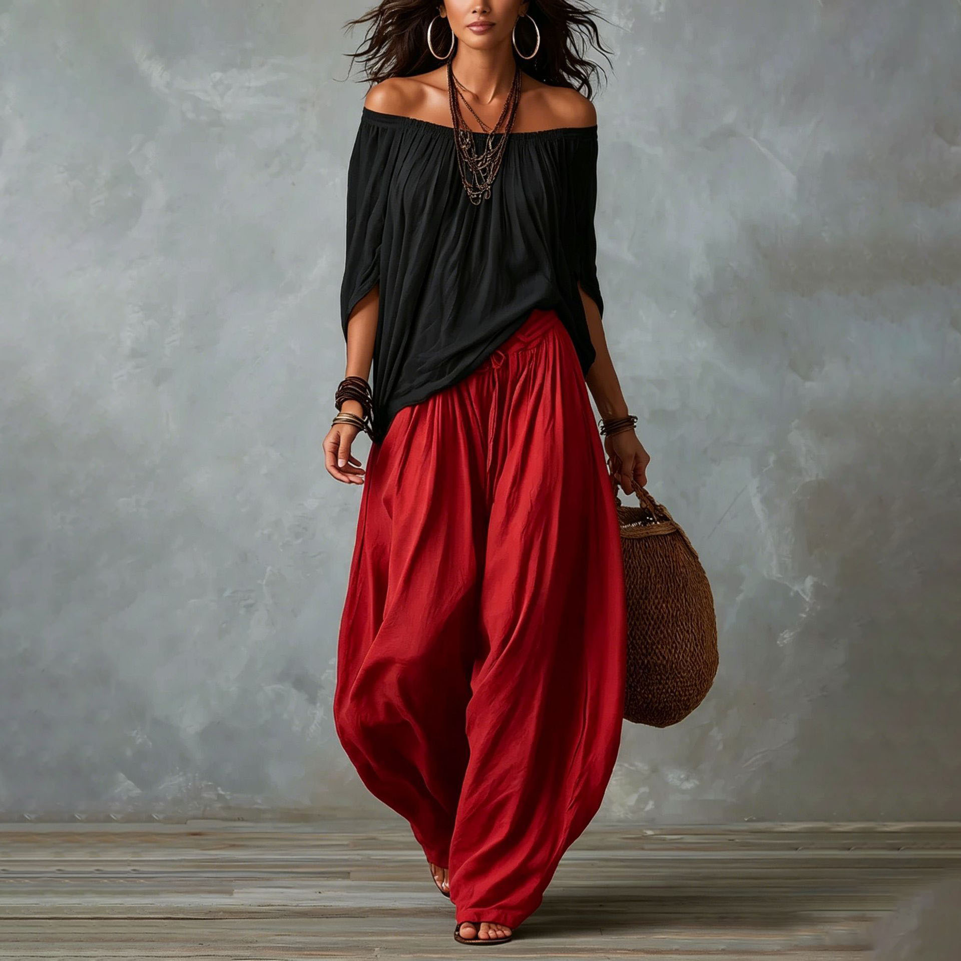 Women's Casual Solid Color Loose Top and Wide-Leg Pants Two-Piece Set