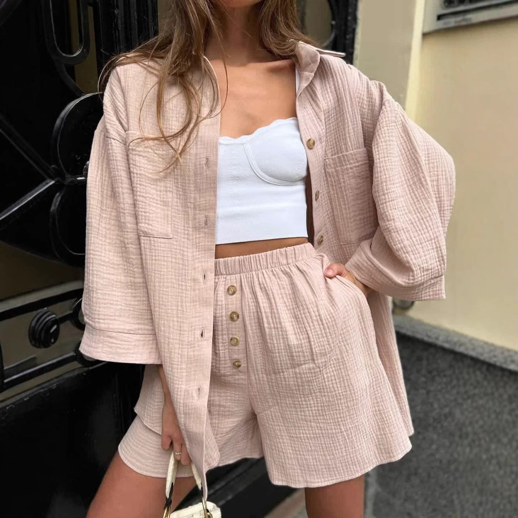 Women's Solid Button-Front Cardigan and Shorts Two-Piece Set