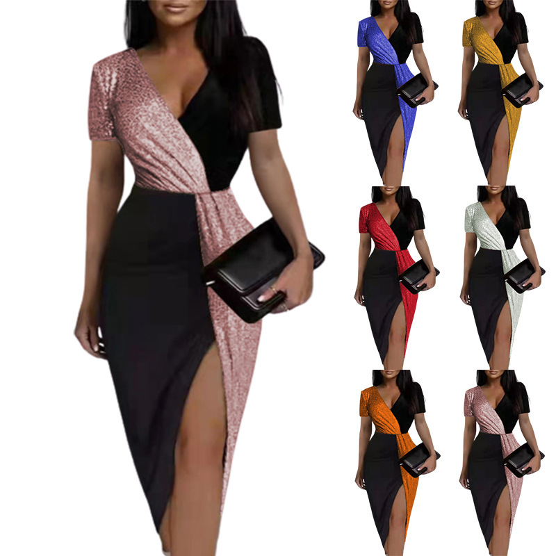 Color-Block Sequin V-Neck Short-Sleeve Dress