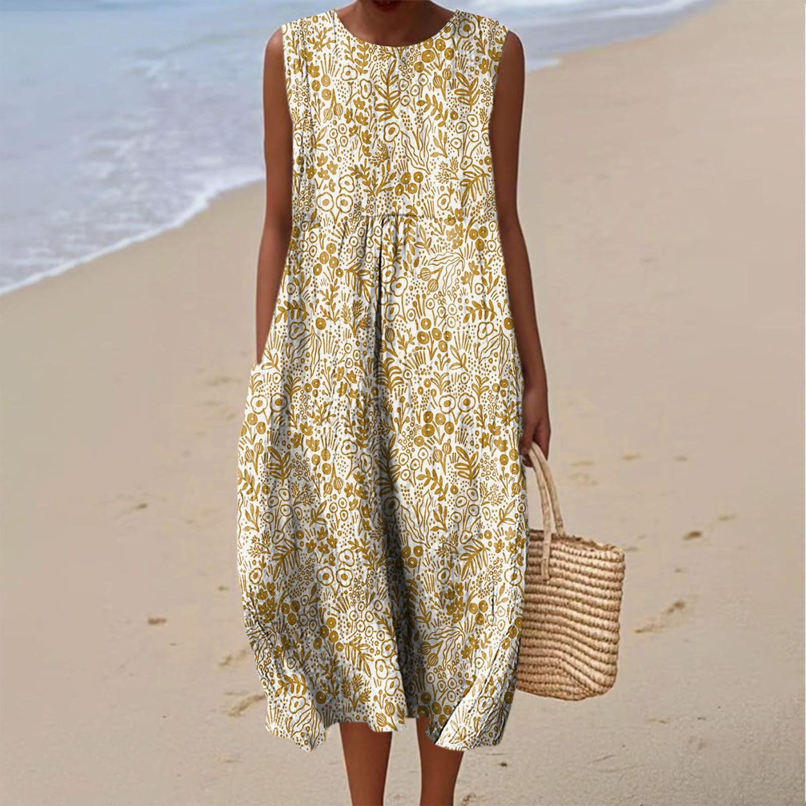 Women's Vintage Floral Print Midi Dress Sleeveless Round Neck Slim Fit