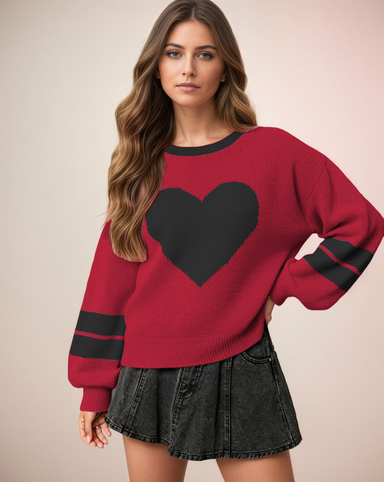 Heart Jacquard Knit Sweater Women's Lazy Round Neck Pullover