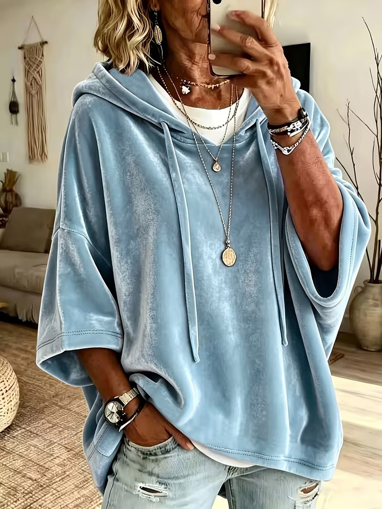 Women's Velvet Hooded Sweatshirt Seven-Quarter Sleeve Solid Color