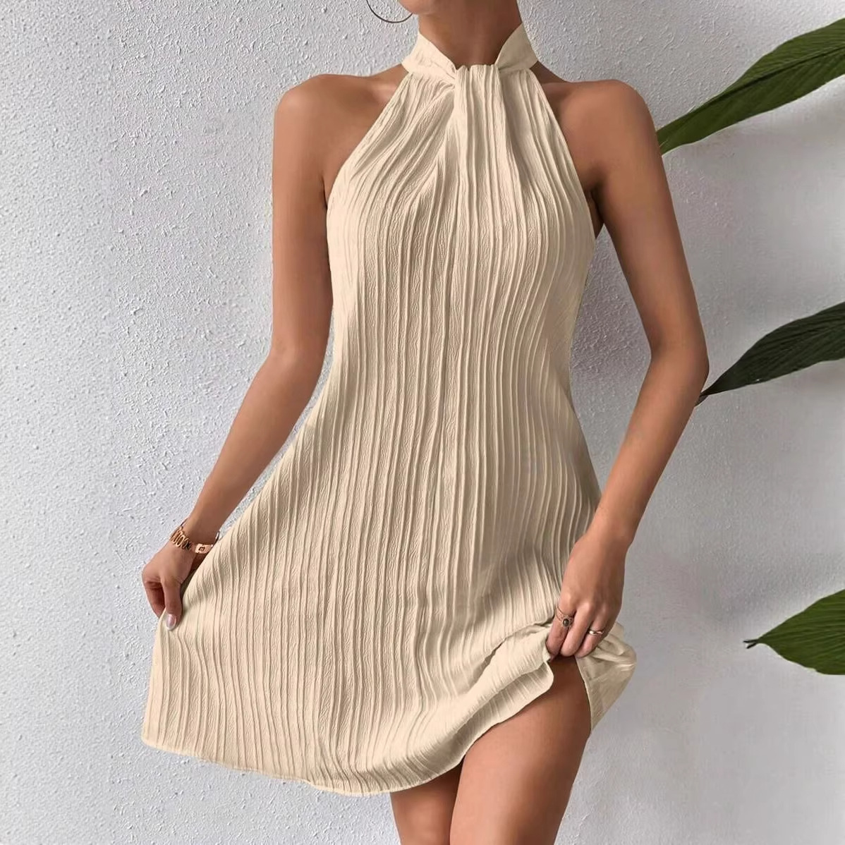 Women's Halter Neck Pleated Cross Short Dress