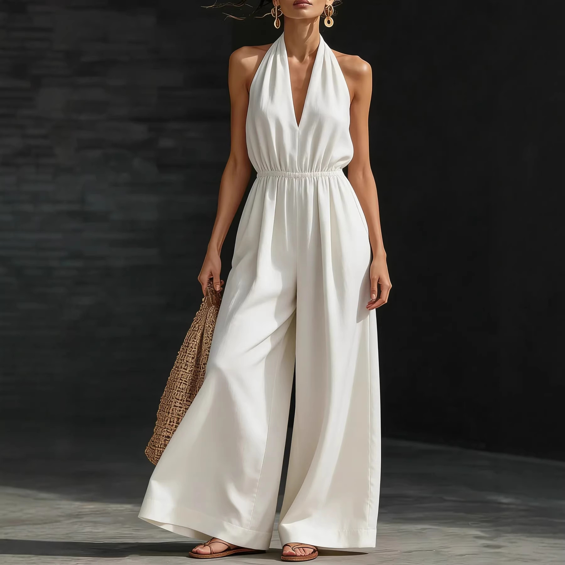 Women's V-Neck Halter Wide-Leg Jumpsuit Solid Color Sleeveless