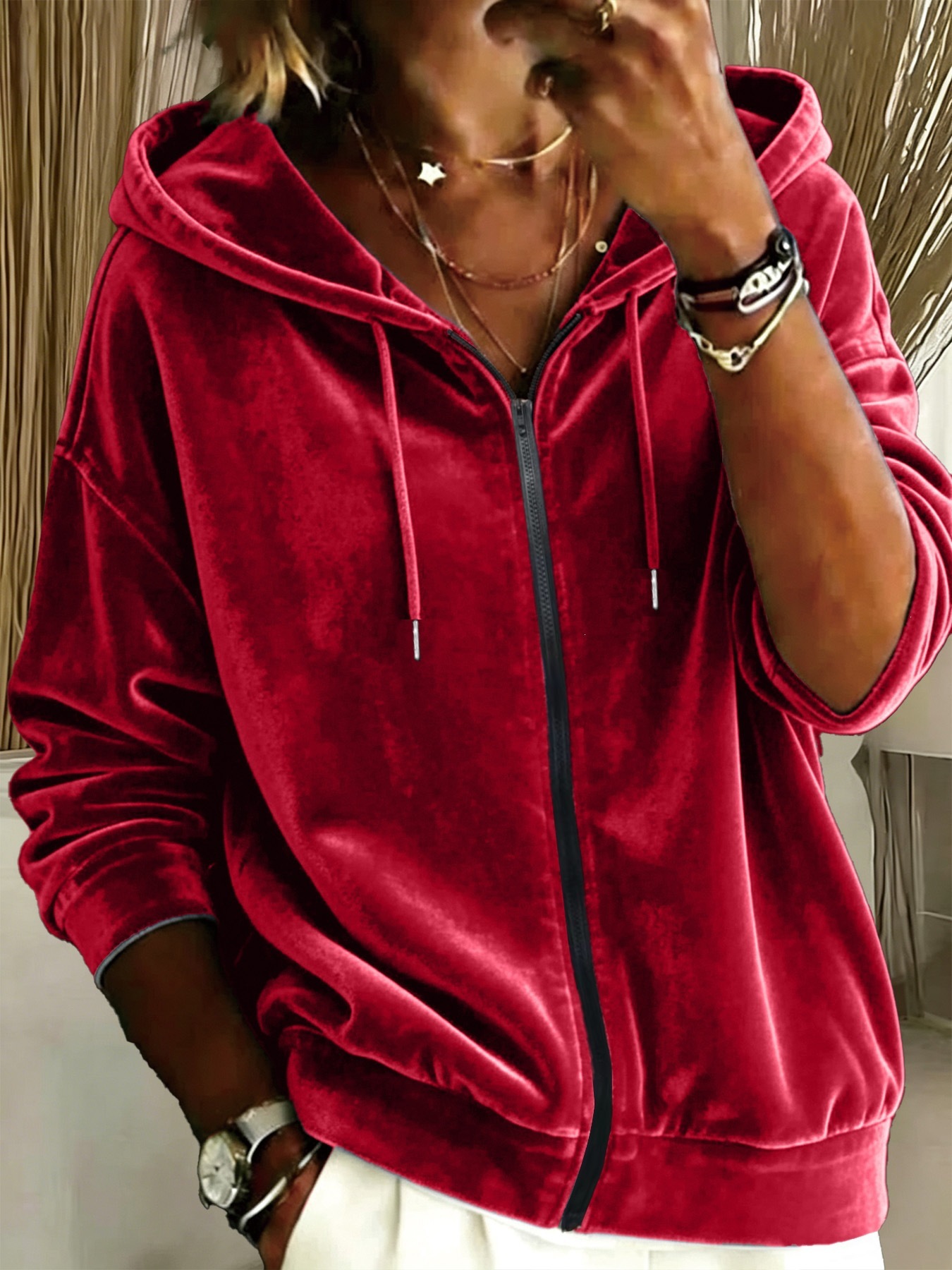 Women's Solid Color Drawstring Hooded Zip-Up Long Sleeve Sweatshirt