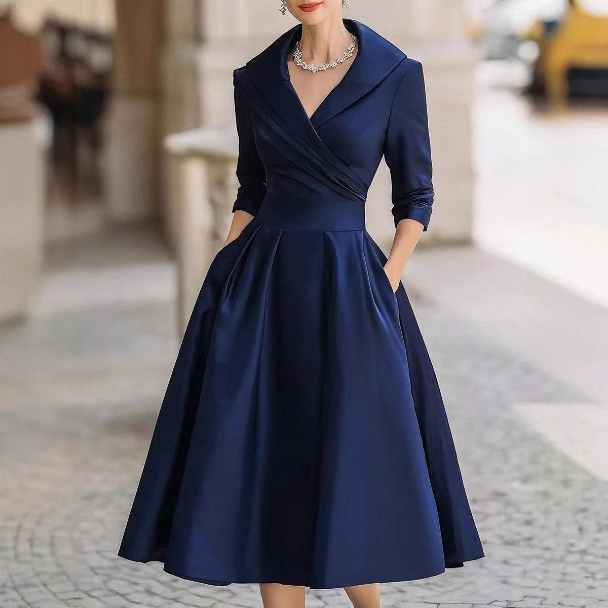 Women's Faux Suede Long Sleeve High Waist Midi Dress