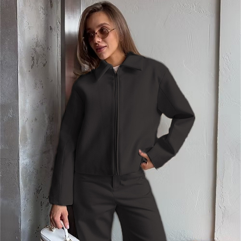 Women's Wool-Blend Zip Jacket with Lapel Collar Long Sleeve Loose Casual