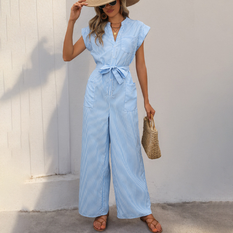 Sleeveless V-Neck Blue & White Striped High-Waist Jumpsuit