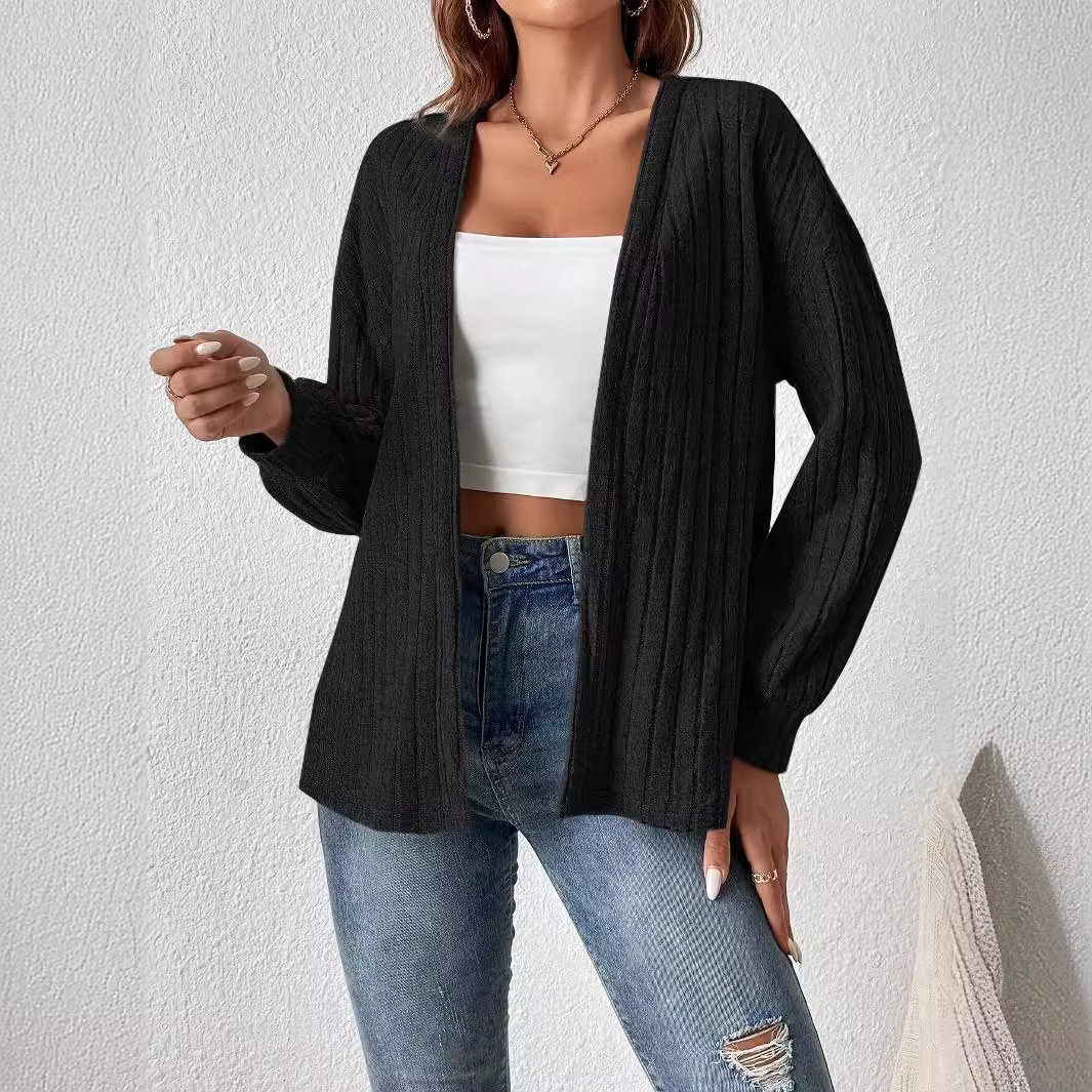 Ribbed Brushed Solid Color Open-Front Cardigan Jacket for Women