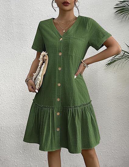 Women's Button-Front Cotton-Linen Midi Dress with Ruffle Hem and Short Sleeves