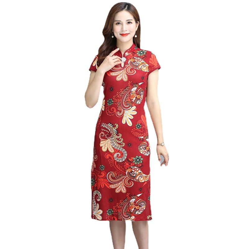 Women's Summer Cheongsam Dress Short Sleeve Slimming Floral Midi