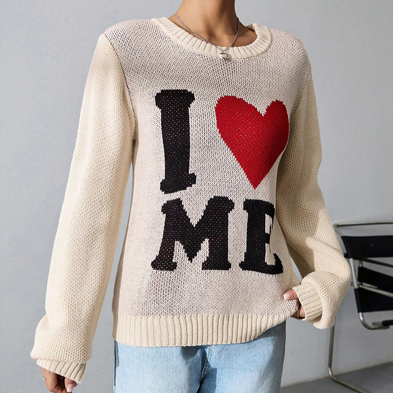 Heart Jacquard Knit Sweater Loose Crewneck Pullover Long Sleeve