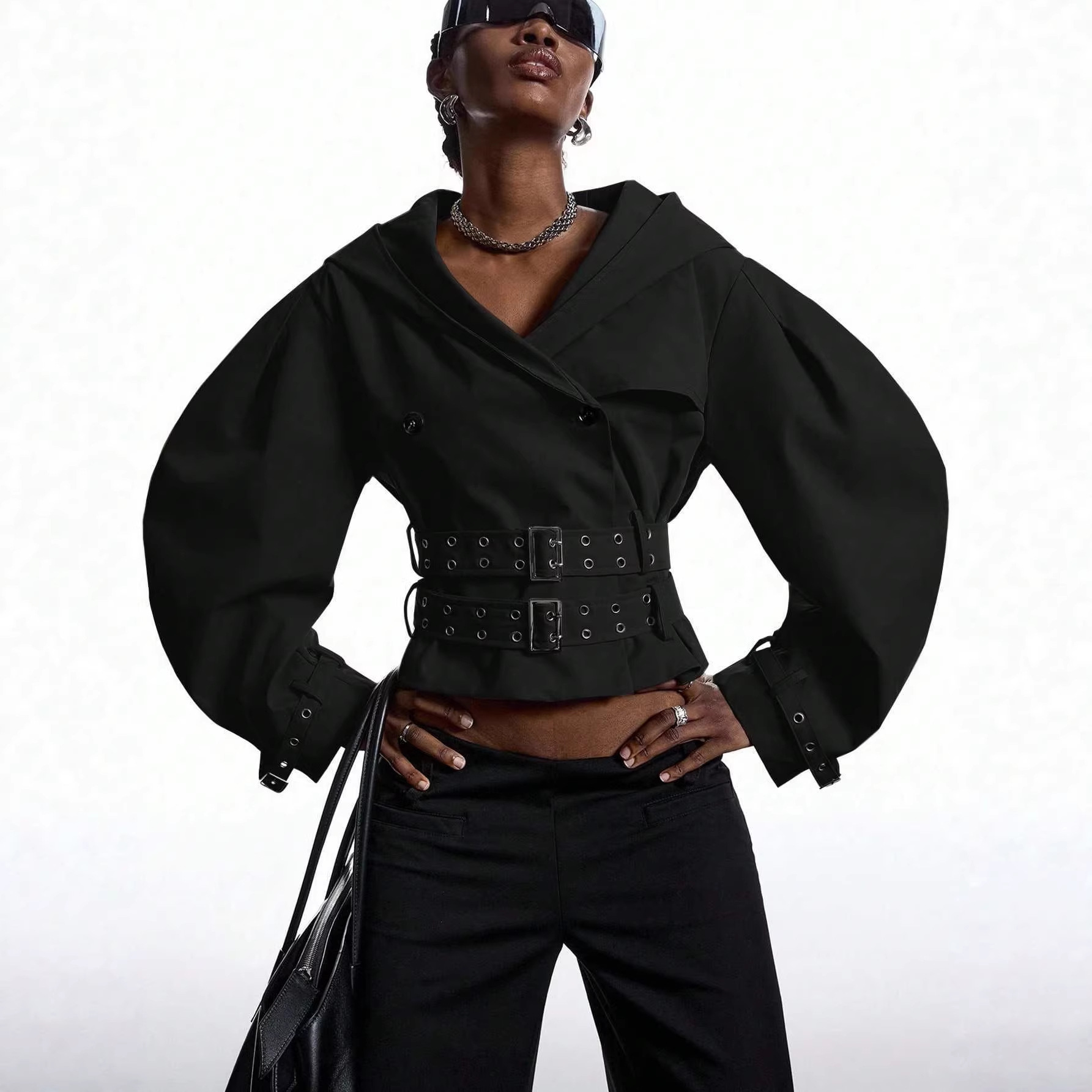 Women's Double-Breasted Cinched Waist Jacket with Large Lapel