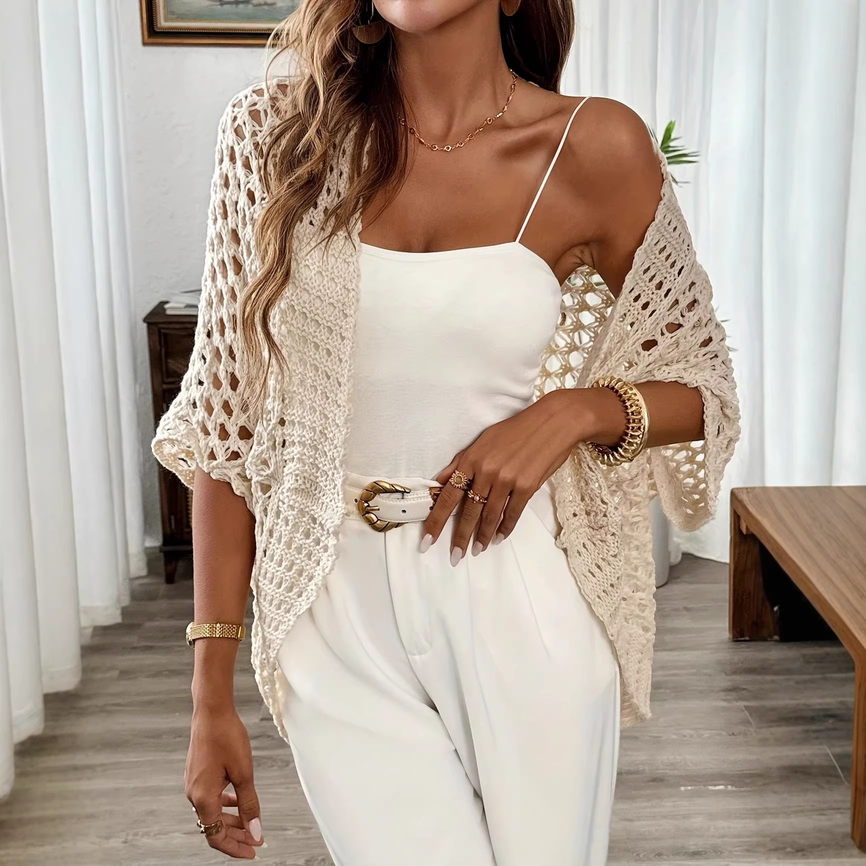 Women's Elegant Retro Open Front Cardigan Batwing Sleeve Hollow Out V Neck Knit Sweater