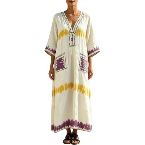 Women's Plaid & Solid Print Midi Dress with Deep V-Neck and Five-Quarter Sleeves
