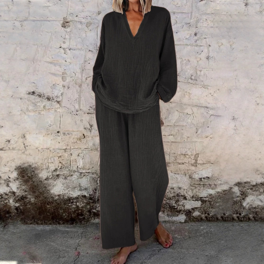 Women's Casual V-Neck Long-Sleeve Top and Pocket Pants Set