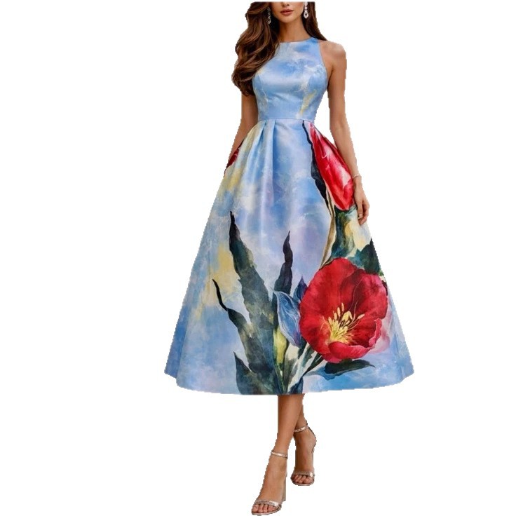Women's Sleeveless Round Neck Floral Print Long Dress
