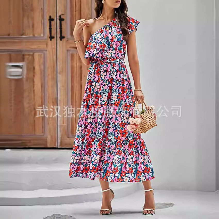 Women's One-Shoulder Sleeveless Boho Floral Print A-Line Maxi Dress