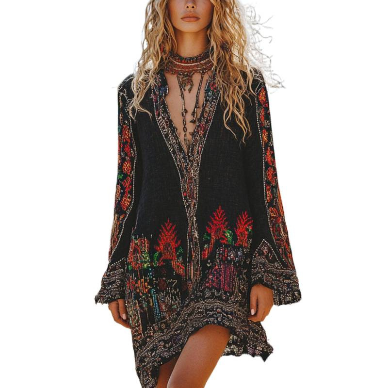 Women's Vintage Ethnic Print V-Neck Long Sleeve Midi Dress