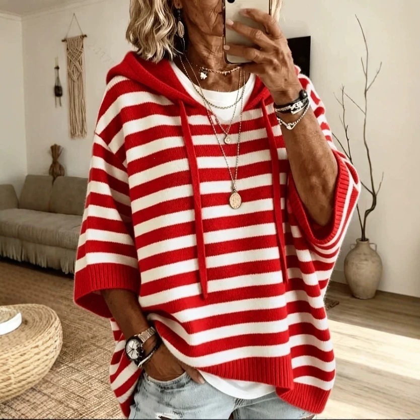 Striped Hooded Drawstring Sweater Loose Knit Pullover