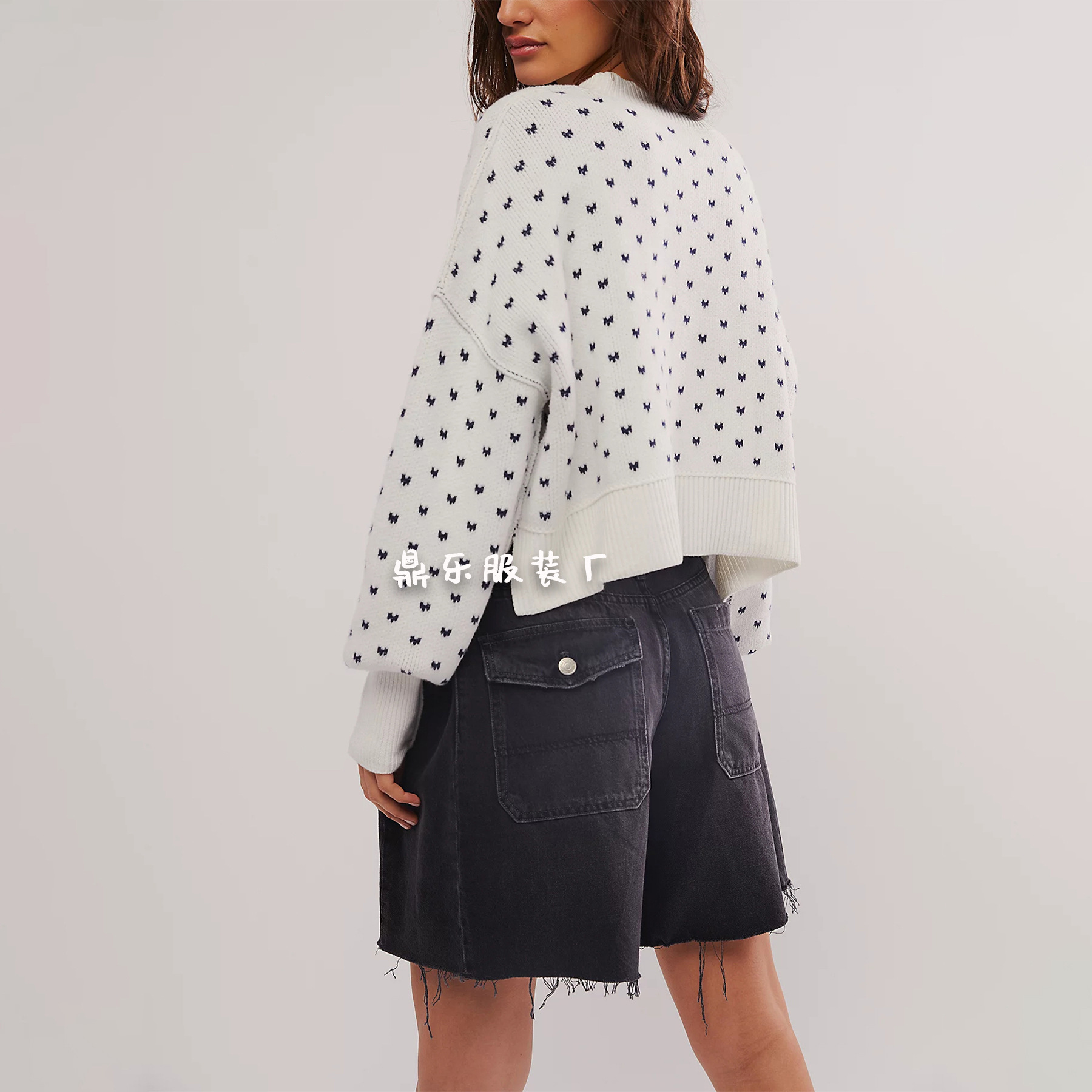 Butterfly Jacquard Crewneck Cropped Knit Sweater