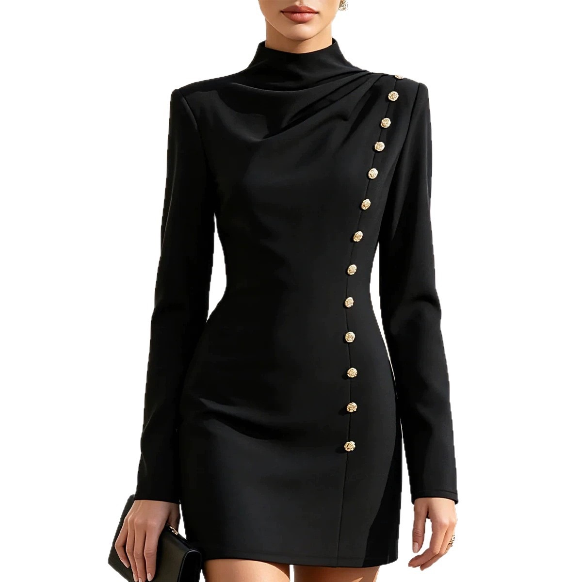 Mock Neck Ruched Bodycon Mini Dress with Metal Buttons Long Sleeve
