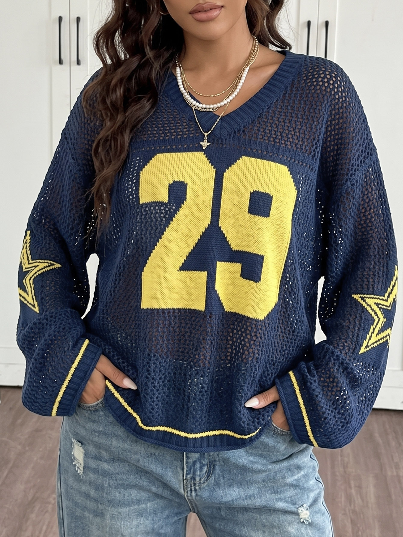 Women's Sheer Open-Knit V-Neck Long-Sleeve Jersey Cover-Up Tee