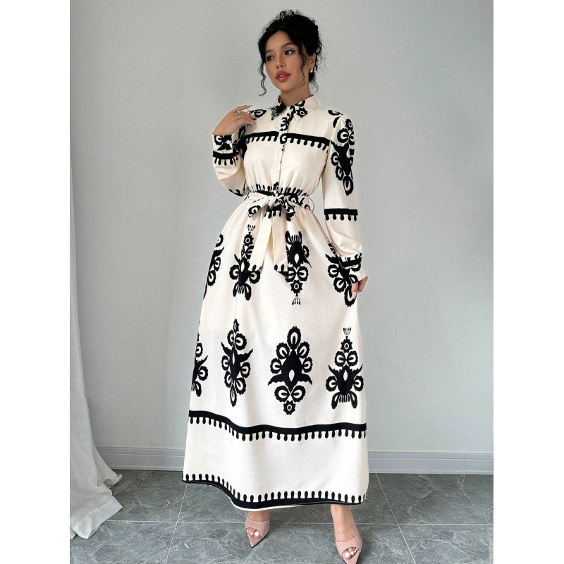 Printed Long-Sleeve Collared Shirt Dress