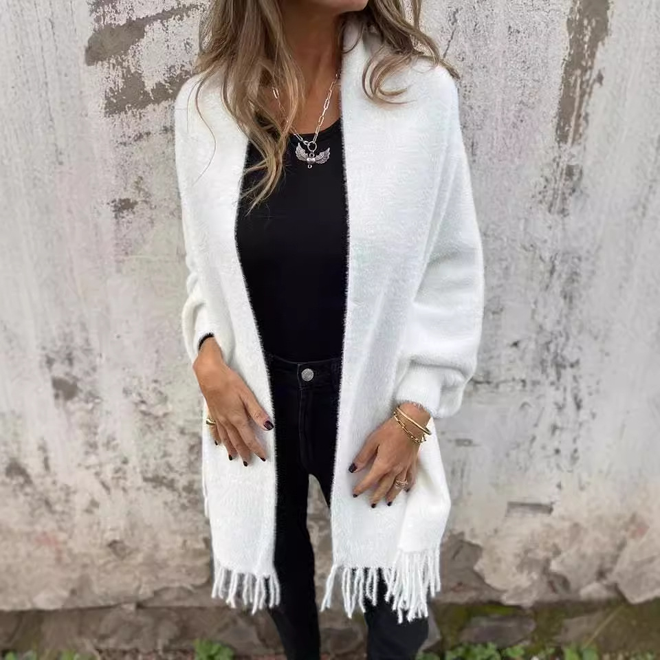 Casual Knit Faux Fur Fringe Shawl Cardigan