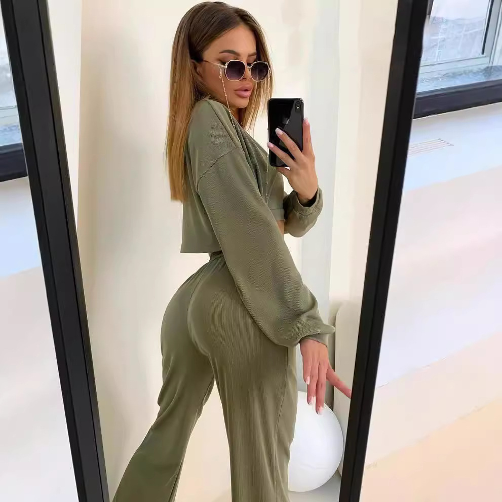 Women's 3-Piece Crop Top and Pants Set Long Sleeve Crew Neck