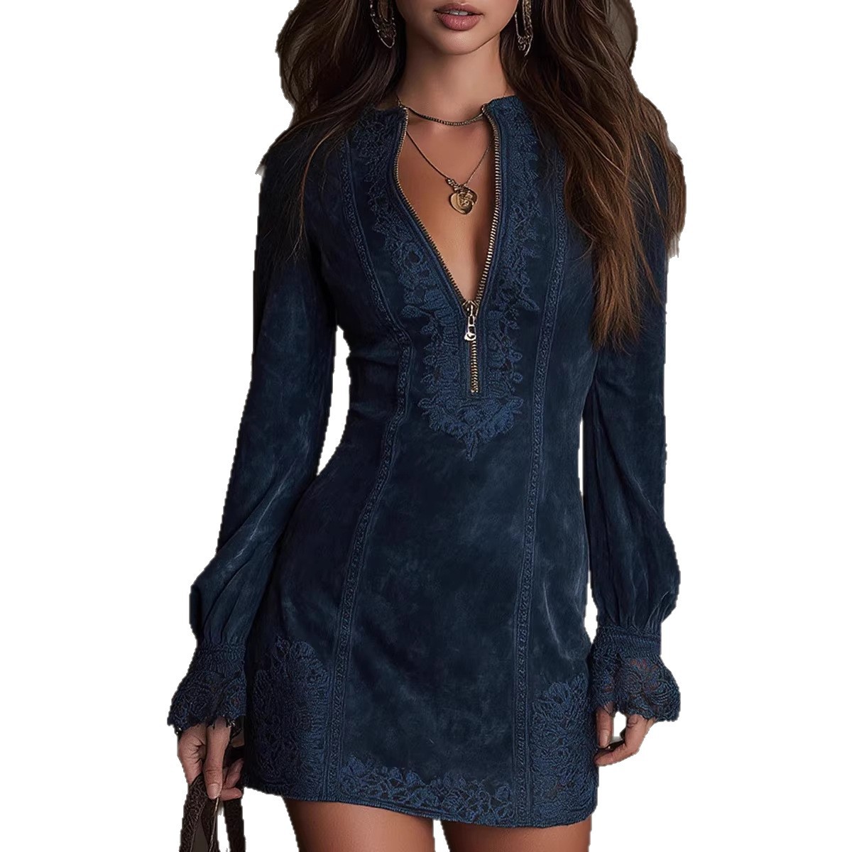Women's Zip Lace Trim V-Neck Long Sleeve Embroidered Dress