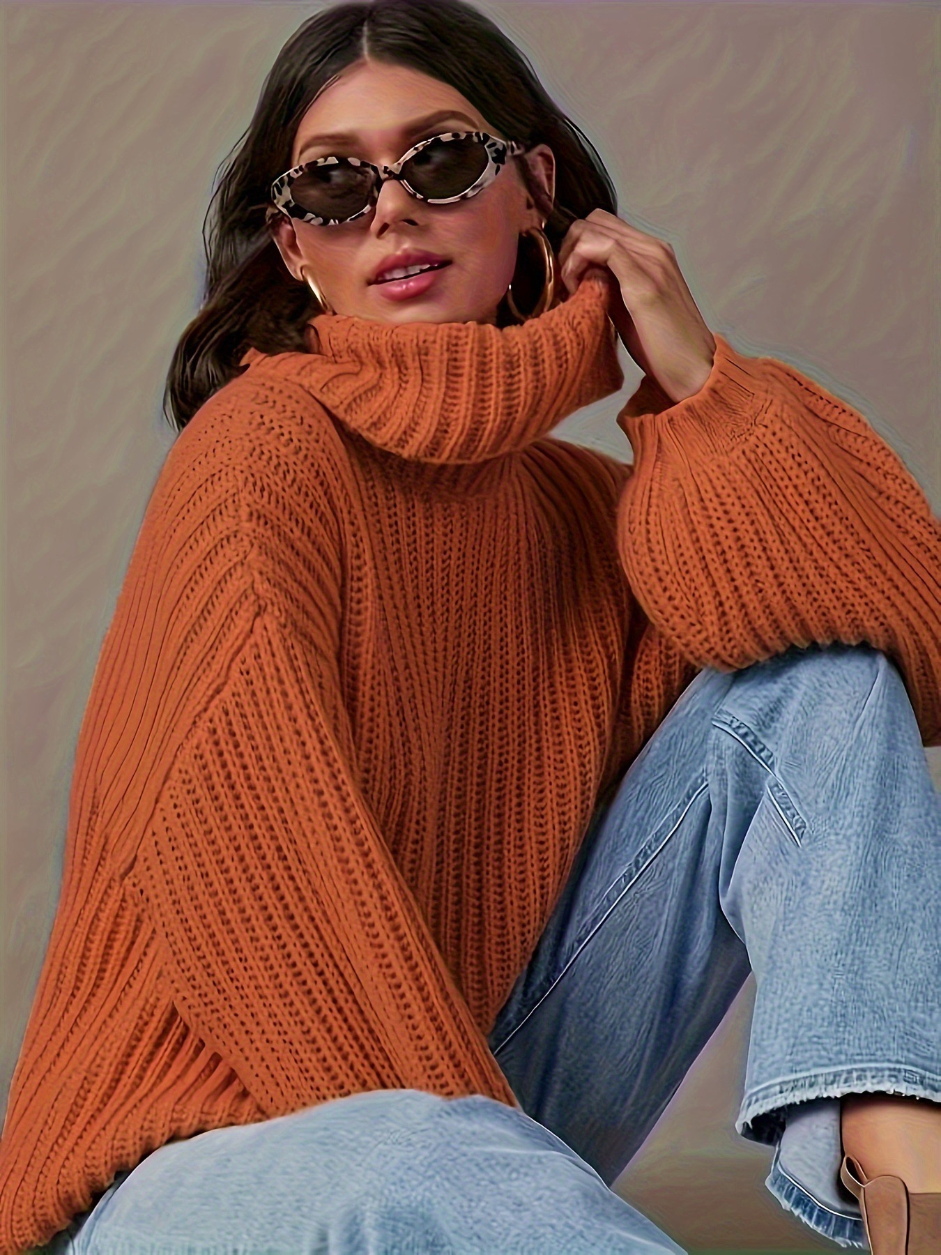 Women's Loose High Neck Wool Blend Pullover Sweater