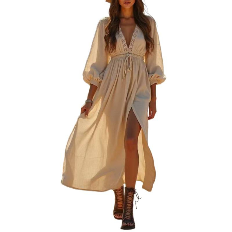 Women's Deep V-Neck Long Split Dress with Puff Sleeves