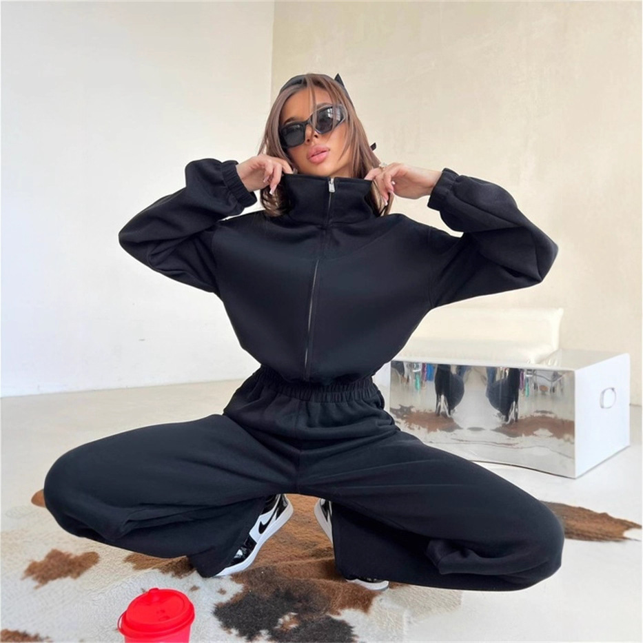 Women's Solid Color Long Sleeve Zip Neck Wide Leg Jumpsuit