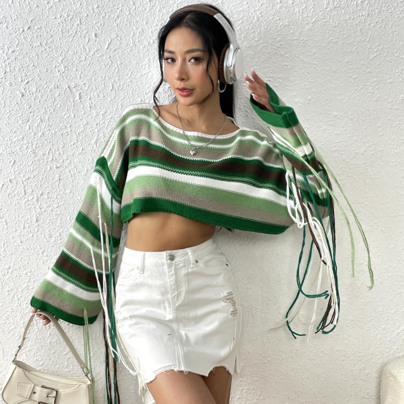 Rainbow Striped Fringe Knit Crop Sweater