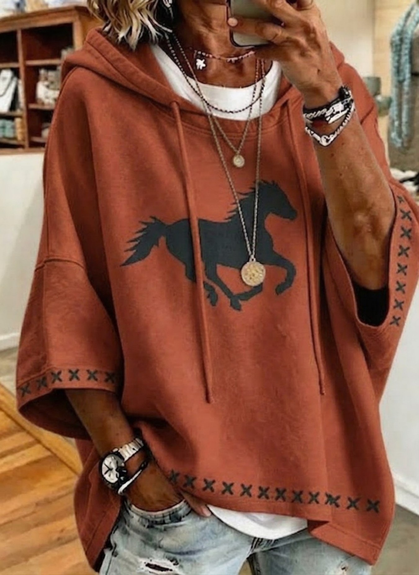 Women's Vintage Black Horse Print Drawstring Hoodie 3/4 Sleeve Loose Drop Shoulder Western Sweatshirt Camel