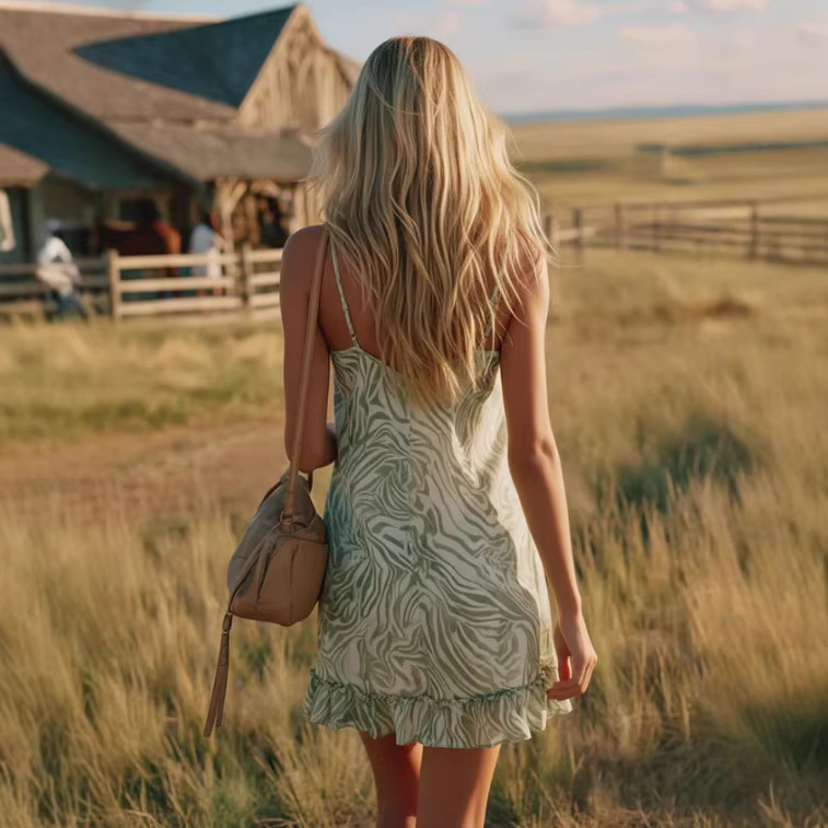 Western Vintage Green Zebra Print Ruffle V-Neck Cami Mini Dress