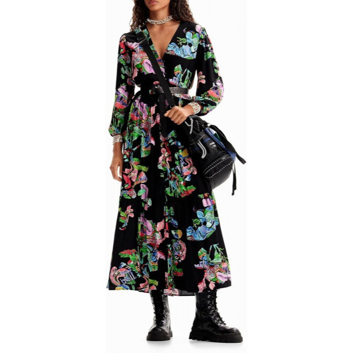Women's Vintage Floral Midi Dress V-Neck Lantern Sleeve A-Line
