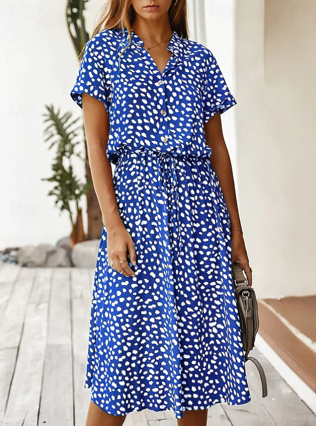 Women's Polka Dot Button-Front Tie Dress with Stone Floral Print