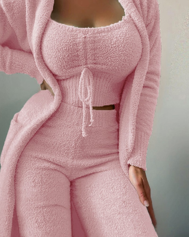 Women's Plush 3-Piece Tie Lounge Set with Pockets