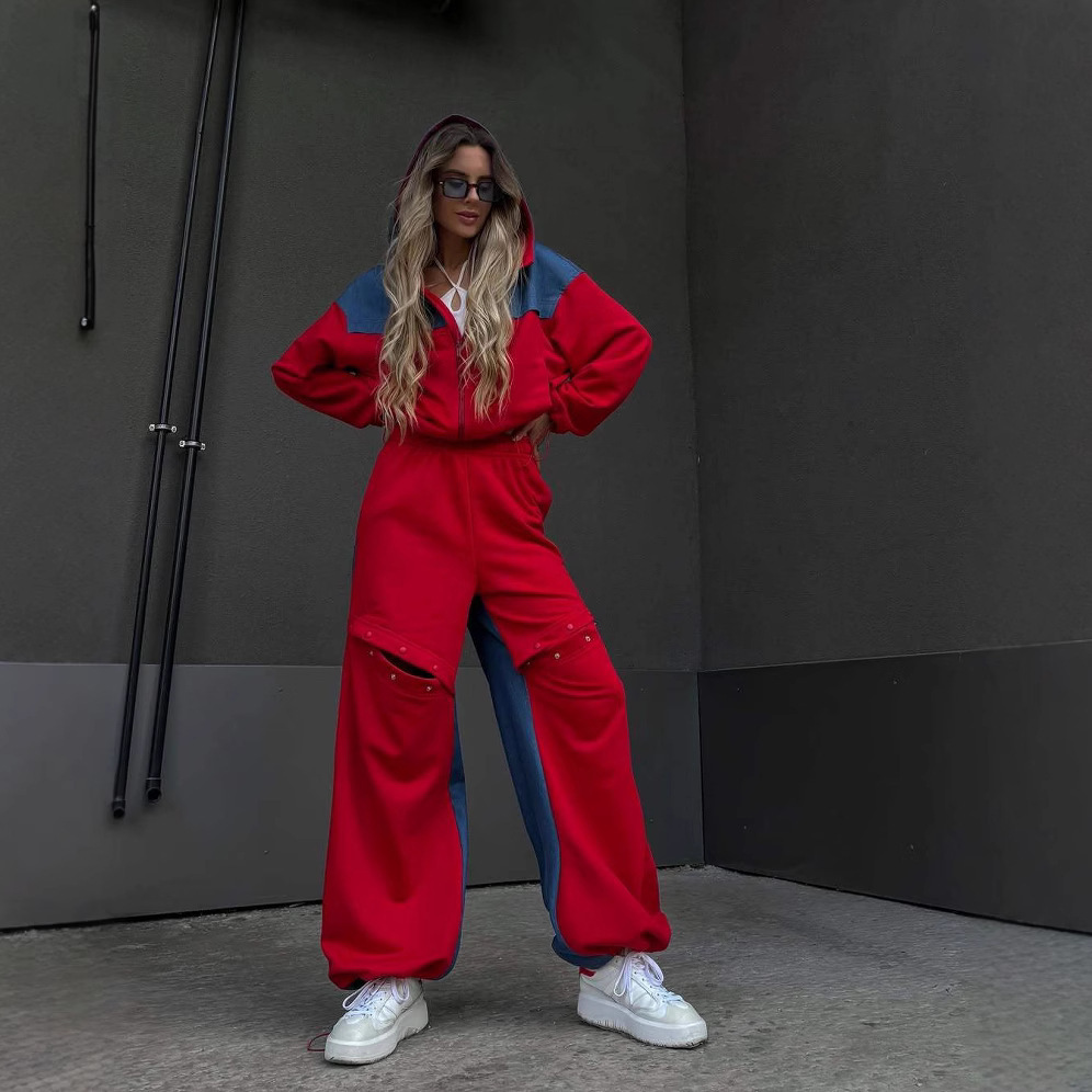 High Street Colorblock Hooded Cardigan & Distressed Button Pants Two-Piece Set