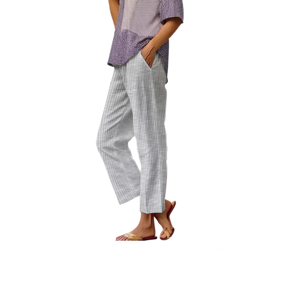 Women's Striped Cotton-Linen Straight-Leg Pants with Elastic Waist