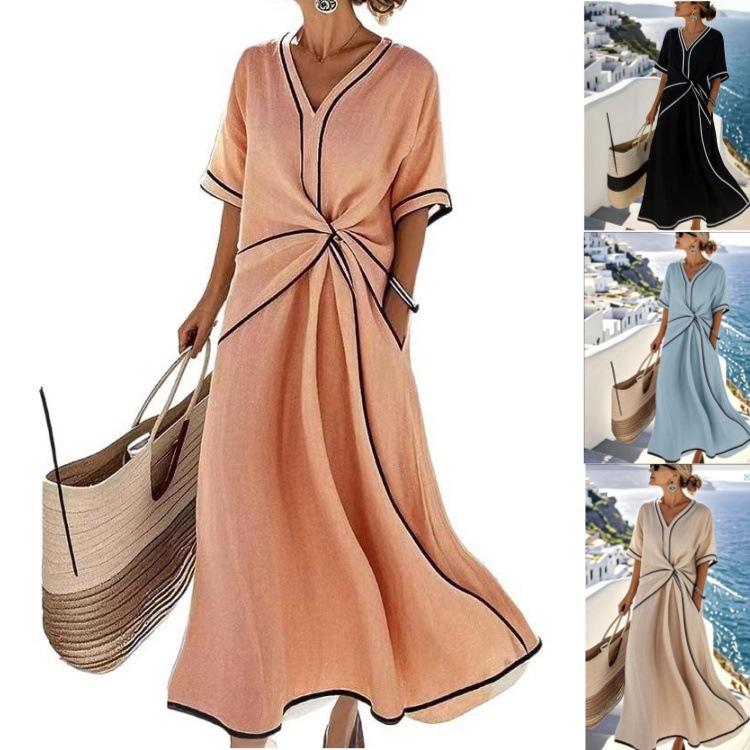 Women's Loose V-Neck Short Sleeve A-Line Midi Dress