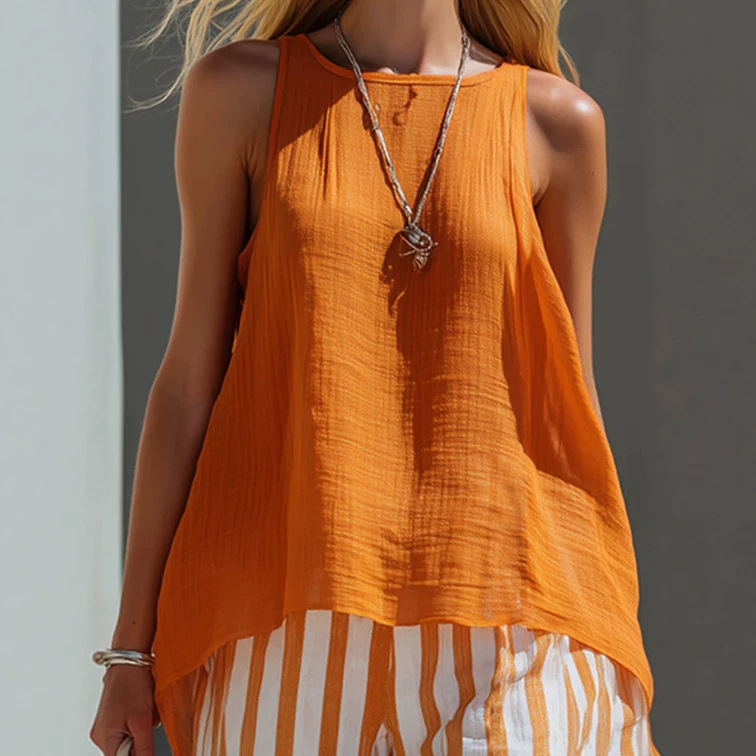 Elegant Retro Silhouette Orange Cotton-Linen Vest and Striped Shorts Set
