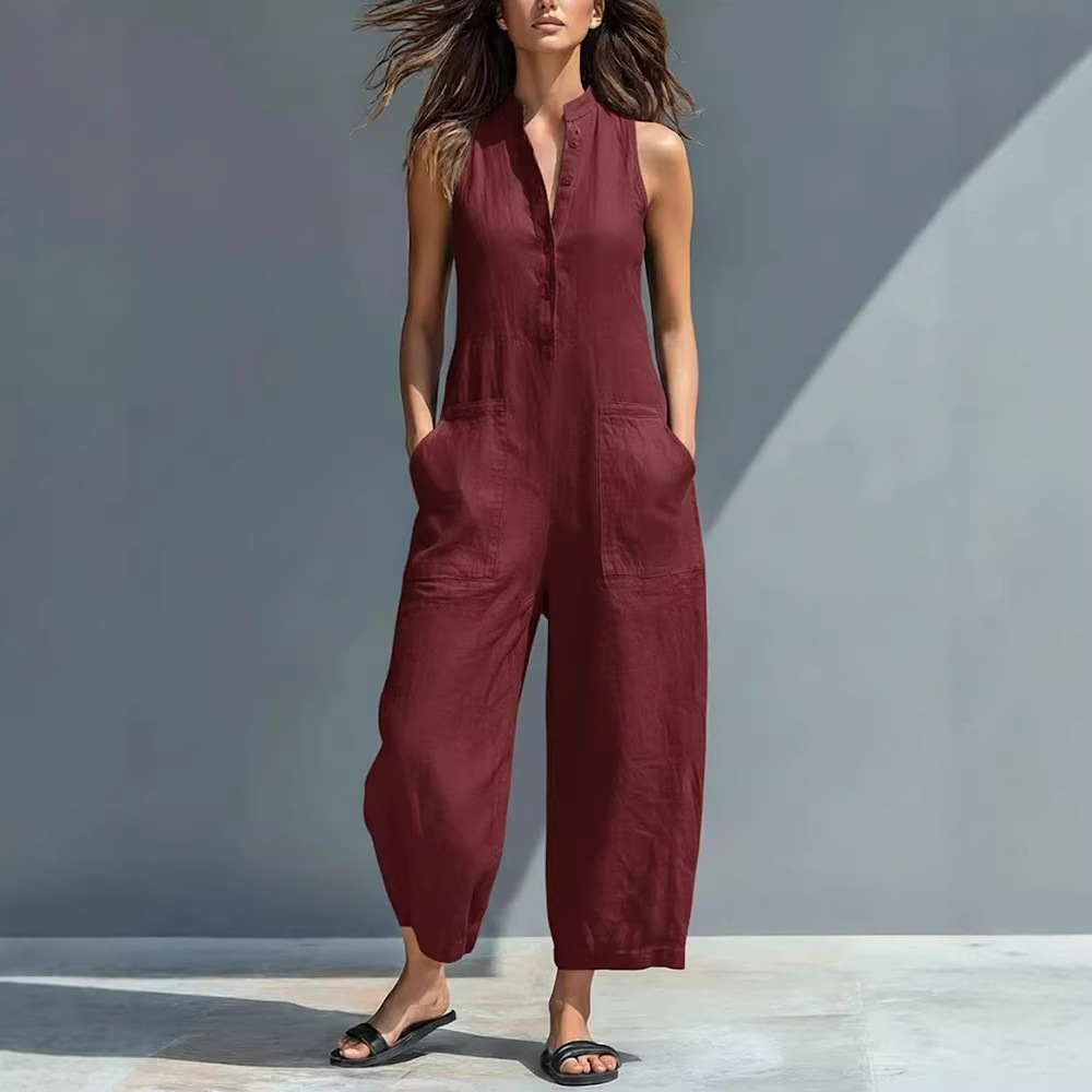 Women's Sleeveless Stand Collar Pocket Jumpsuit