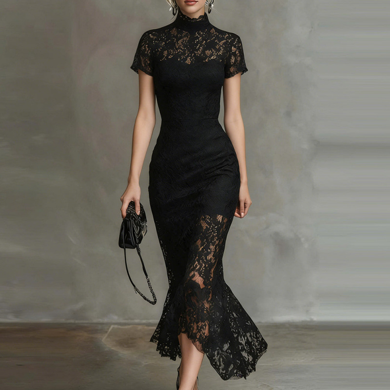 High-Waist Lace-Trim Bodycon Long Dress Short Sleeve