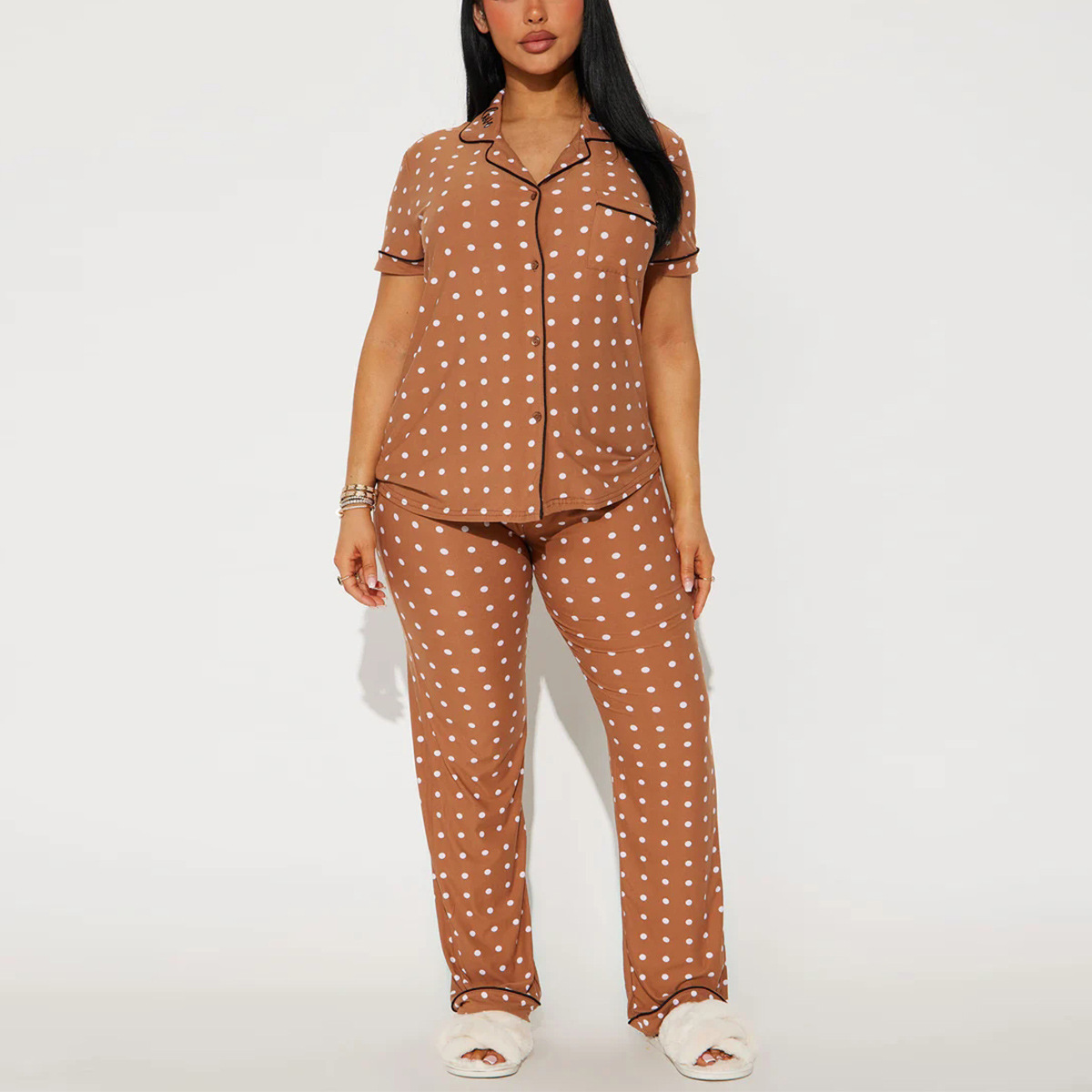 Women's Polka Dot Cuban Collar Short Sleeve Top and Pants Lounge Set