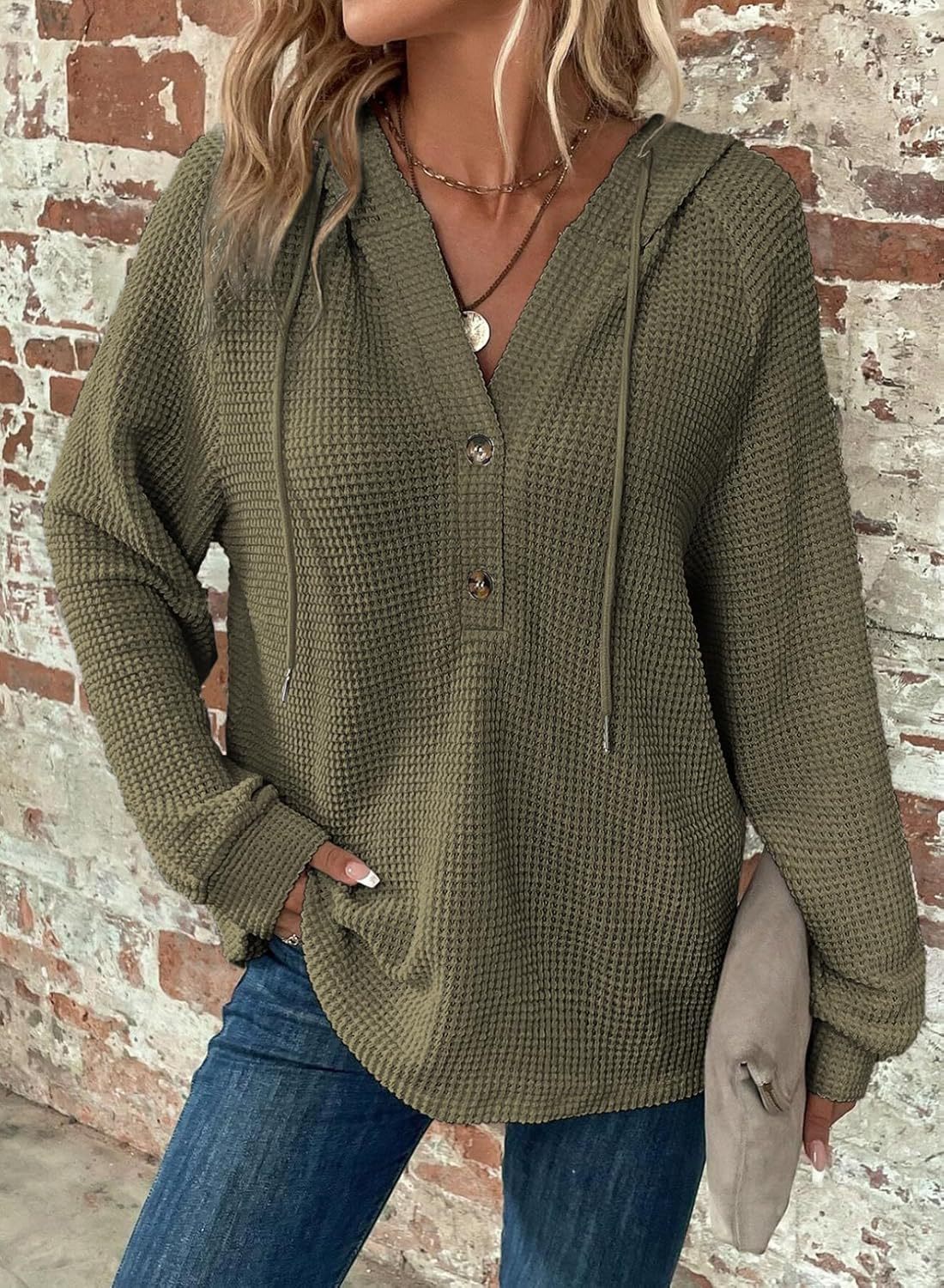 Women's Waffle Knit Drawstring Hoodie Button V-Neck Long Sleeve Pullover