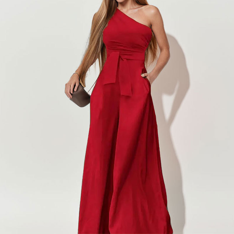 Women's Solid V-Neck Slim Waist Wide-Leg Jumpsuit